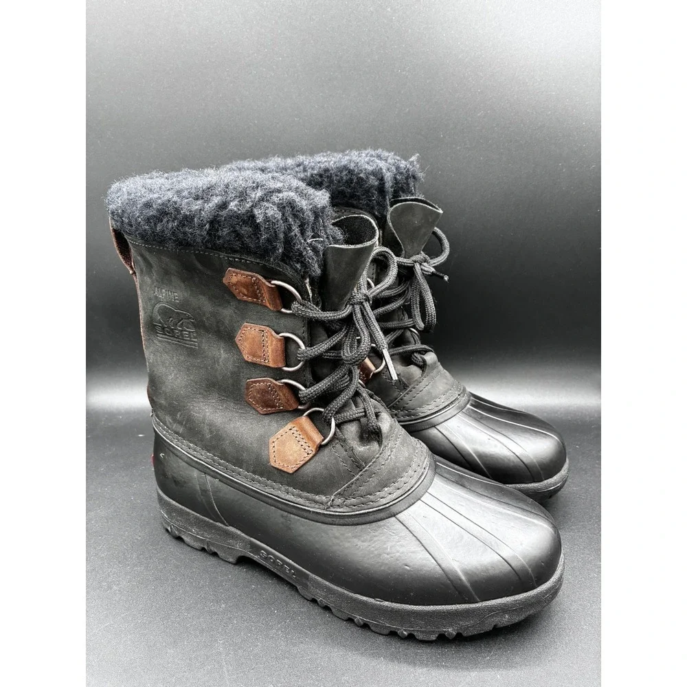 Sorel Alpine Mens 8 Black Leather Waterproof Snow Winter Duck Boots Made Canada